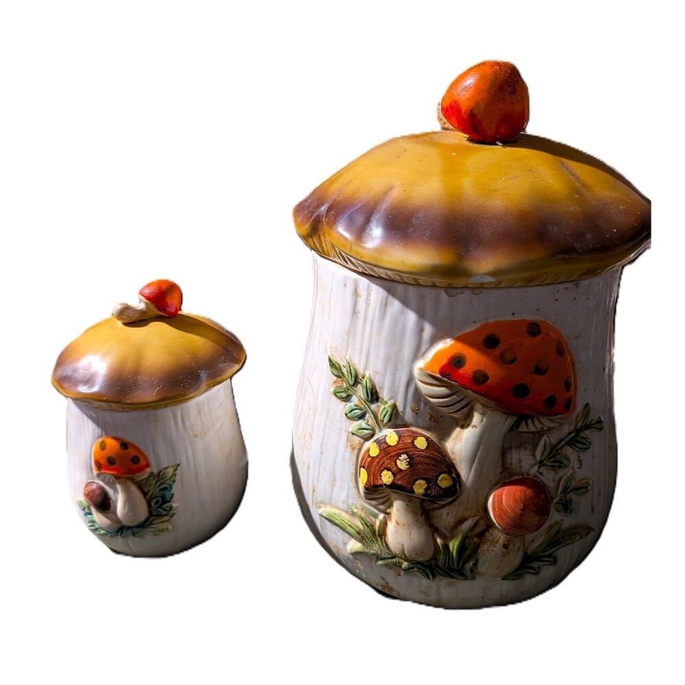 Vintage Sears Merry Mushroom Canister Set 2 Ceramic Jars Retro 1970s Kitchen MCM